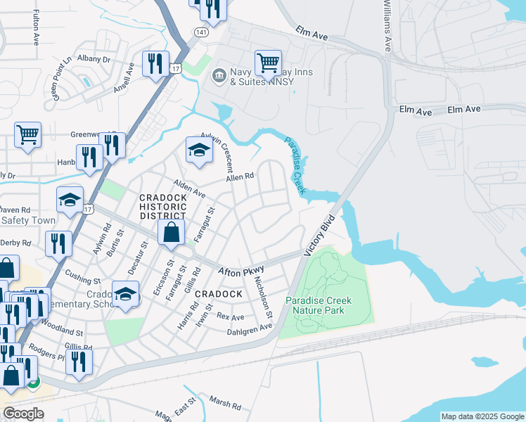 map of restaurants, bars, coffee shops, grocery stores, and more near 14 Harris Road in Portsmouth