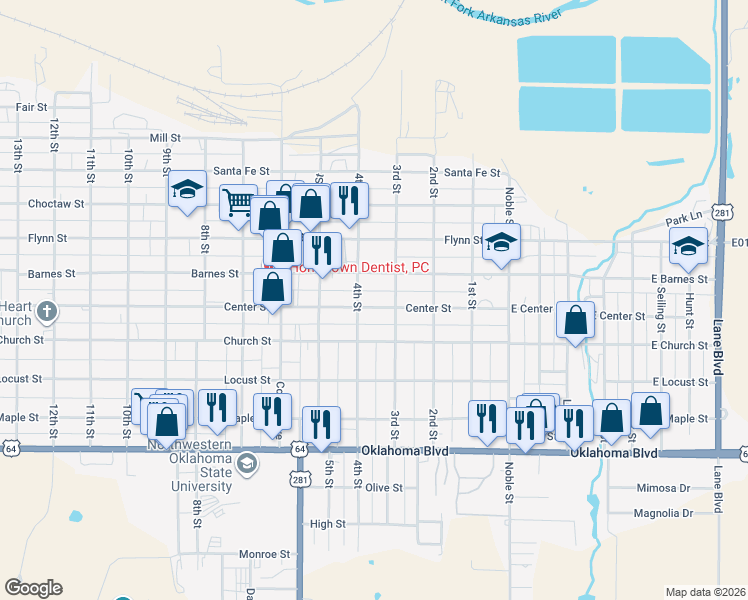map of restaurants, bars, coffee shops, grocery stores, and more near 309 Center Street in Alva