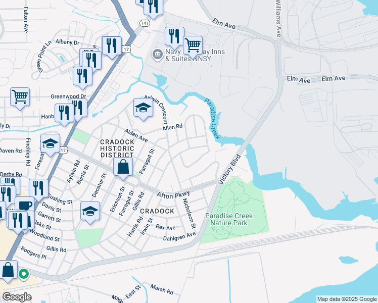 map of restaurants, bars, coffee shops, grocery stores, and more near 14 Harris Road in Portsmouth