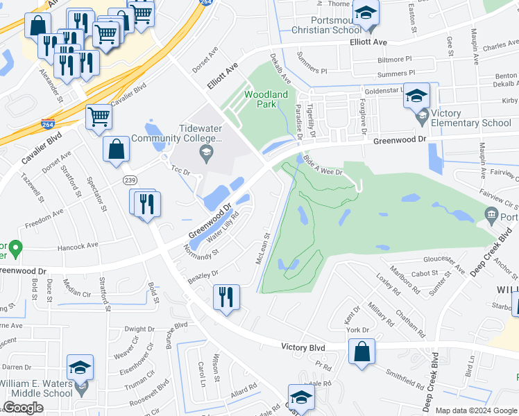map of restaurants, bars, coffee shops, grocery stores, and more near 513 Normandy Street in Portsmouth