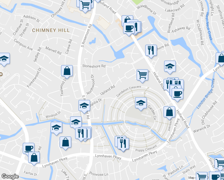 map of restaurants, bars, coffee shops, grocery stores, and more near 3721 Upland Road in Virginia Beach