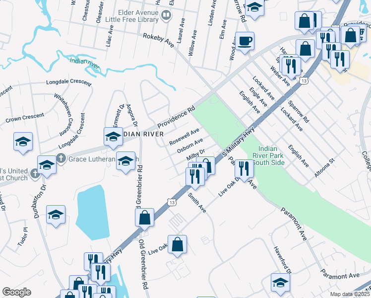 map of restaurants, bars, coffee shops, grocery stores, and more near 713 Osborn Avenue in Chesapeake