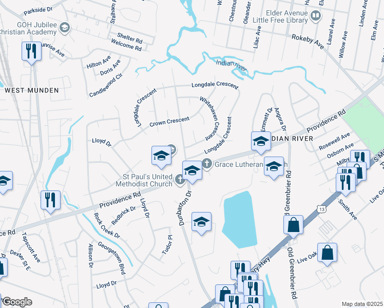 map of restaurants, bars, coffee shops, grocery stores, and more near 633 Longdale Crescent in Chesapeake
