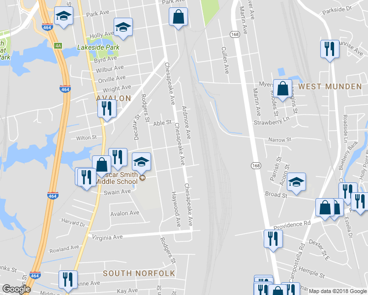 map of restaurants, bars, coffee shops, grocery stores, and more near 2301 Chesapeake Avenue in Chesapeake