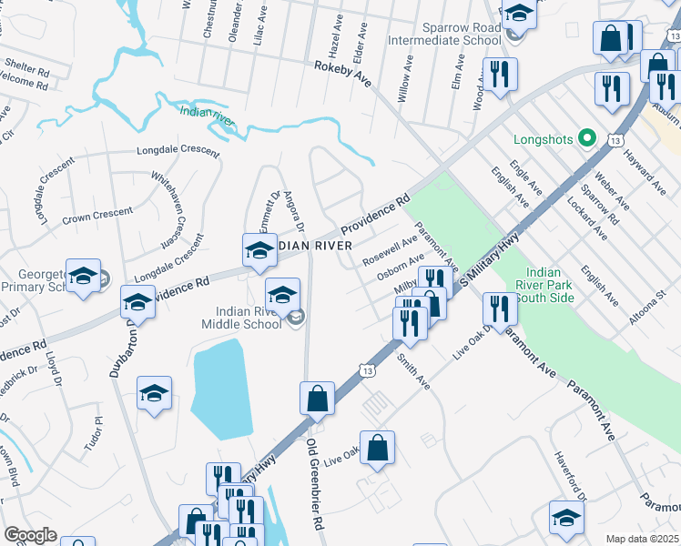 map of restaurants, bars, coffee shops, grocery stores, and more near 624 Weston Arch in Chesapeake