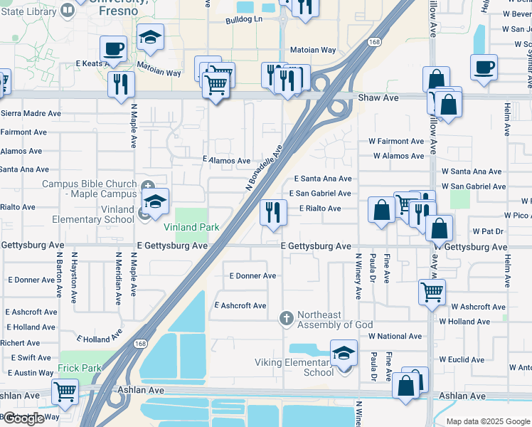 map of restaurants, bars, coffee shops, grocery stores, and more near 4780 East Rialto Avenue in Fresno