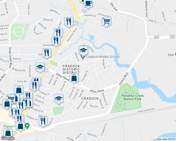 map of restaurants, bars, coffee shops, grocery stores, and more near 18 Farragut Street in Portsmouth