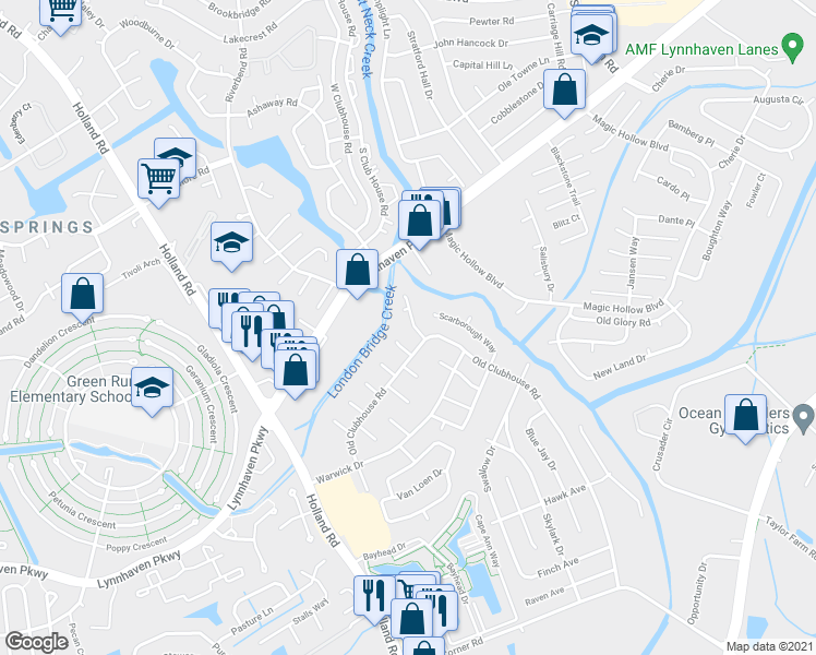 map of restaurants, bars, coffee shops, grocery stores, and more near 3217 Creekside Drive in Virginia Beach