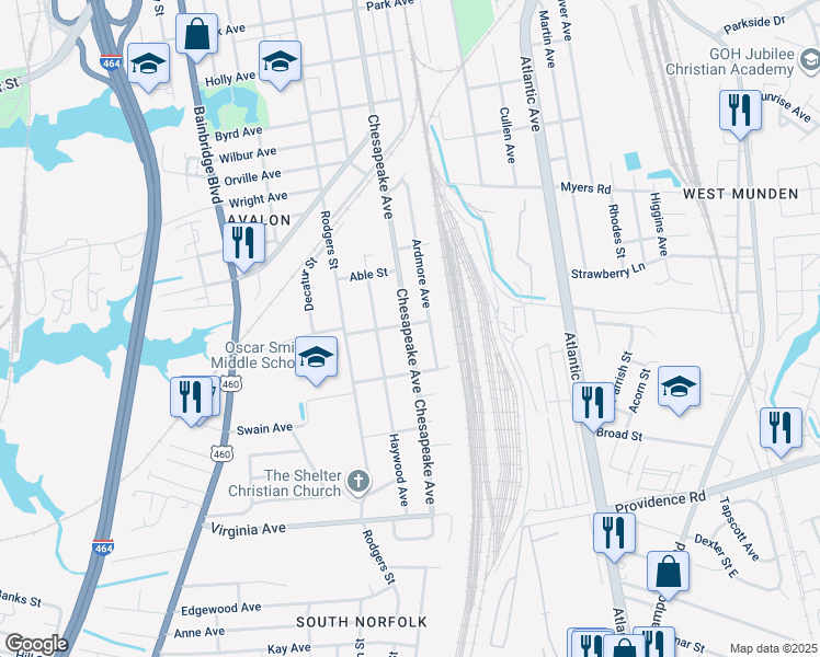 map of restaurants, bars, coffee shops, grocery stores, and more near 2301 Chesapeake Avenue in Chesapeake