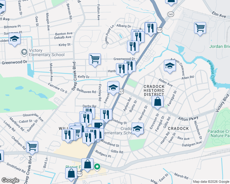 map of restaurants, bars, coffee shops, grocery stores, and more near 4270-4306 George Washington Highway in Portsmouth