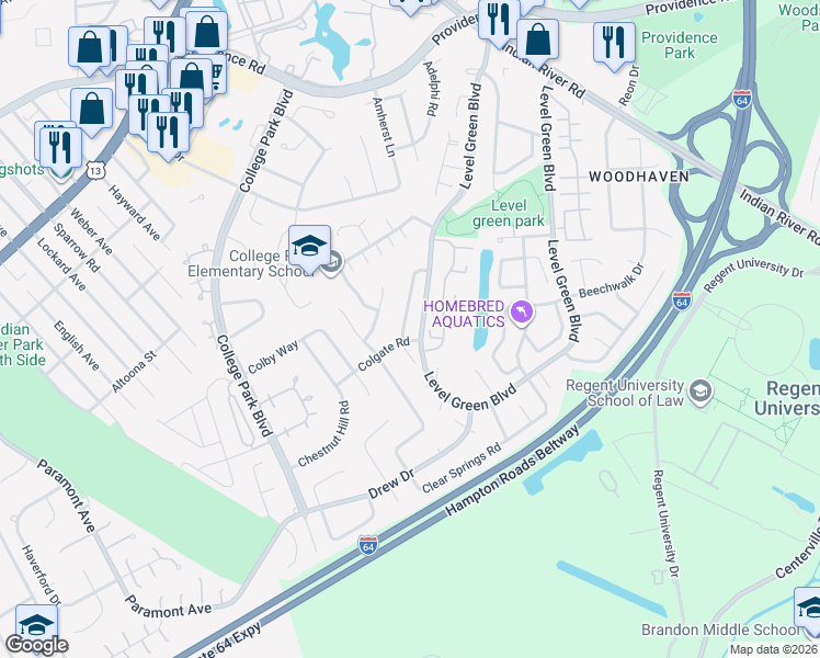 map of restaurants, bars, coffee shops, grocery stores, and more near 1145 Craftsman Drive in Virginia Beach