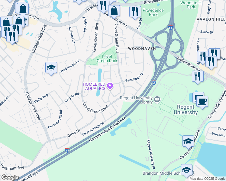 map of restaurants, bars, coffee shops, grocery stores, and more near 1142 Clear Springs Road in Virginia Beach