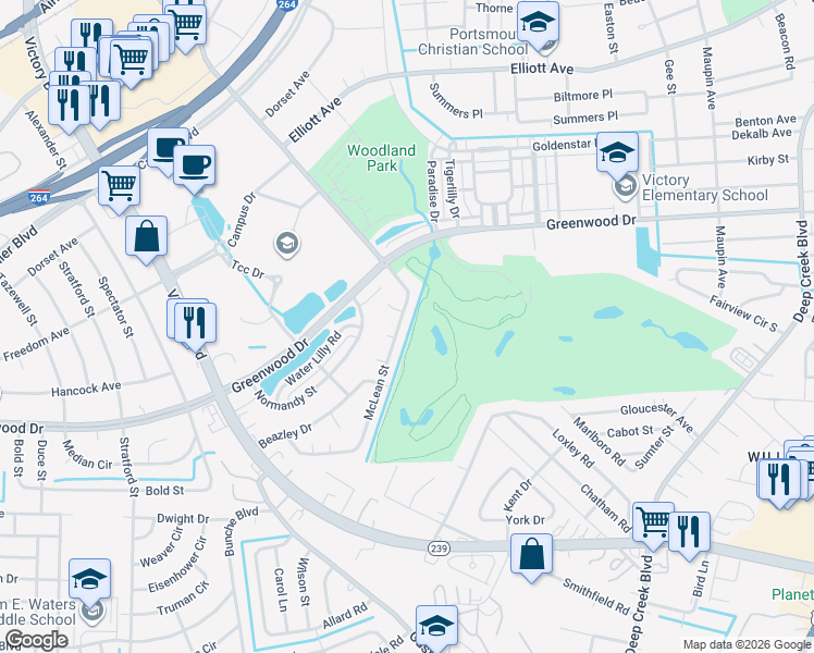 map of restaurants, bars, coffee shops, grocery stores, and more near 529 McLean Street in Portsmouth