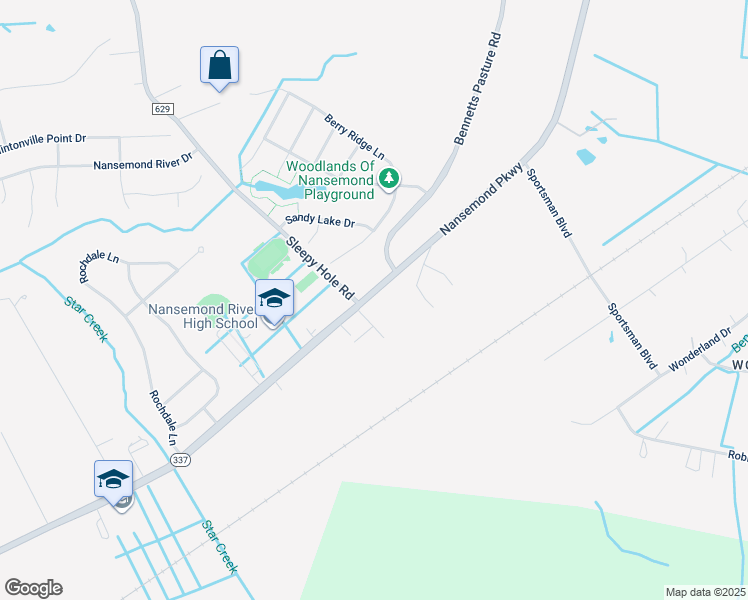 map of restaurants, bars, coffee shops, grocery stores, and more near 3416 Nansemond Parkway in Suffolk