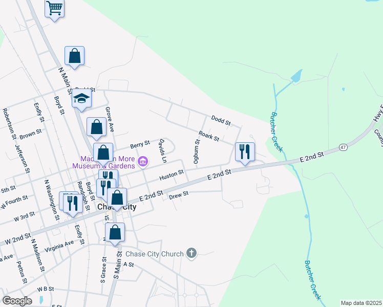 map of restaurants, bars, coffee shops, grocery stores, and more near 501-699 Ogburn Street in Chase City