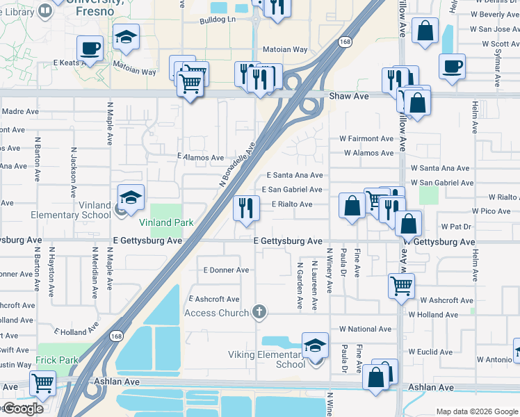 map of restaurants, bars, coffee shops, grocery stores, and more near 4654 North Chestnut Avenue in Fresno
