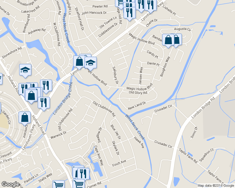 map of restaurants, bars, coffee shops, grocery stores, and more near 3010 Delaware Crossing in Virginia Beach