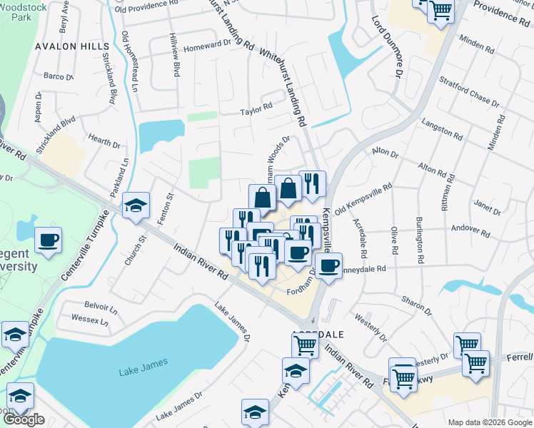 map of restaurants, bars, coffee shops, grocery stores, and more near 5350 Kemps River Drive in Virginia Beach