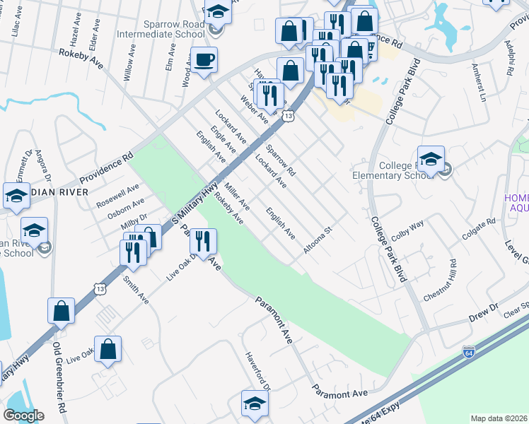 map of restaurants, bars, coffee shops, grocery stores, and more near 2021 Miller Avenue in Chesapeake