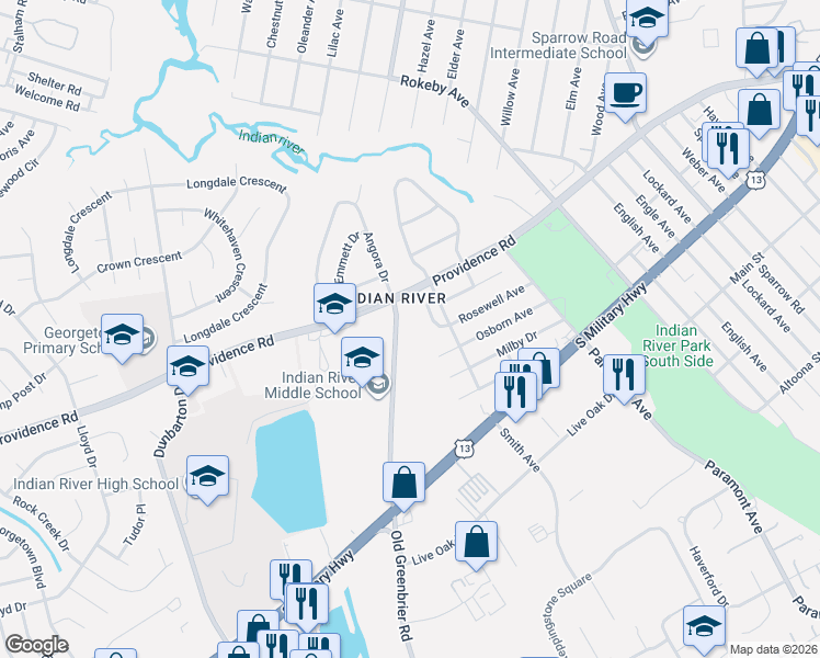map of restaurants, bars, coffee shops, grocery stores, and more near 2519 Old Greenbrier Road in Chesapeake