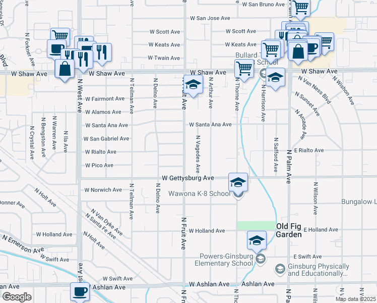 map of restaurants, bars, coffee shops, grocery stores, and more near 4702 North Fruit Avenue in Fresno