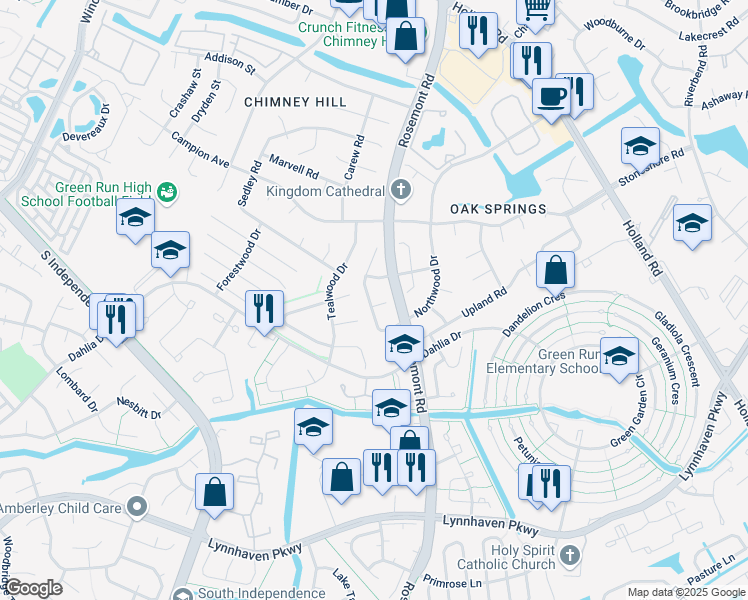 map of restaurants, bars, coffee shops, grocery stores, and more near 1040 Northwood Drive in Virginia Beach