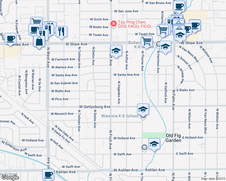 map of restaurants, bars, coffee shops, grocery stores, and more near 4702 North Fruit Avenue in Fresno