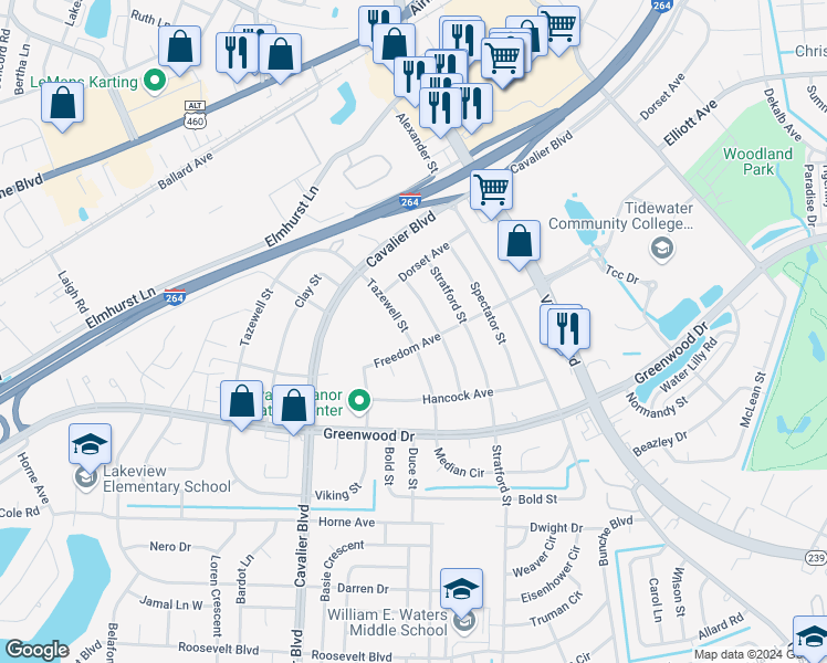 map of restaurants, bars, coffee shops, grocery stores, and more near 603 Tazewell Street in Portsmouth