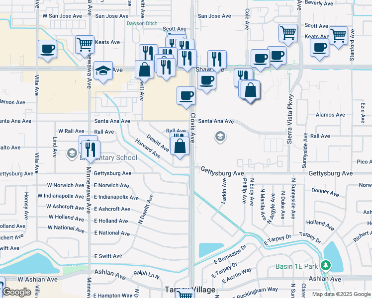 map of restaurants, bars, coffee shops, grocery stores, and more near 2653 Dewitt Avenue in Clovis