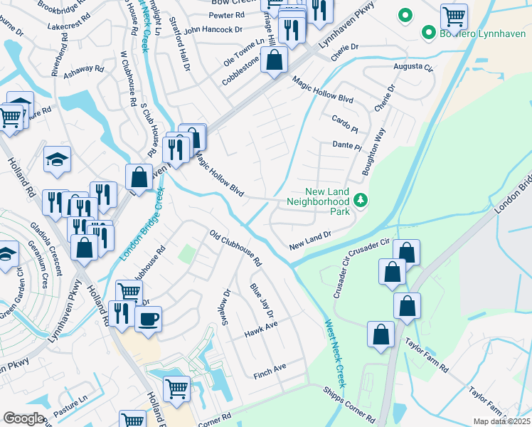 map of restaurants, bars, coffee shops, grocery stores, and more near 3010 Delaware Crossing in Virginia Beach