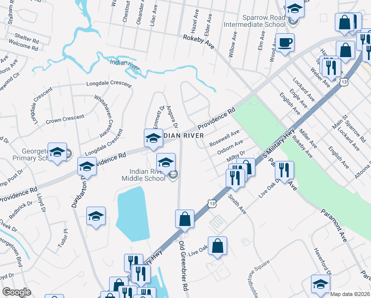 map of restaurants, bars, coffee shops, grocery stores, and more near 2519 Old Greenbrier Road in Chesapeake