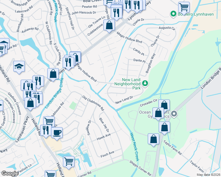 map of restaurants, bars, coffee shops, grocery stores, and more near 2966 Delaware Crossing in Virginia Beach