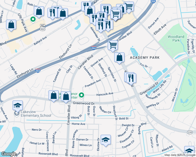 map of restaurants, bars, coffee shops, grocery stores, and more near 810 Freedom Avenue in Portsmouth