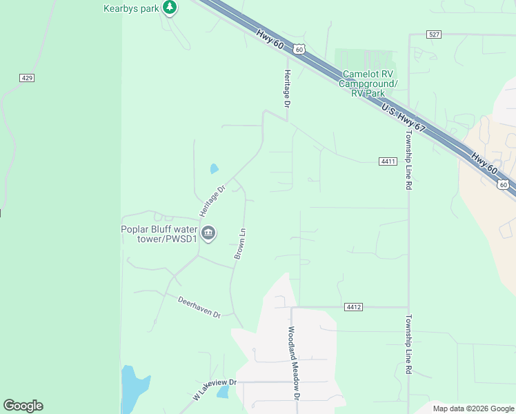 map of restaurants, bars, coffee shops, grocery stores, and more near 6782 Brown Lane in Poplar Bluff
