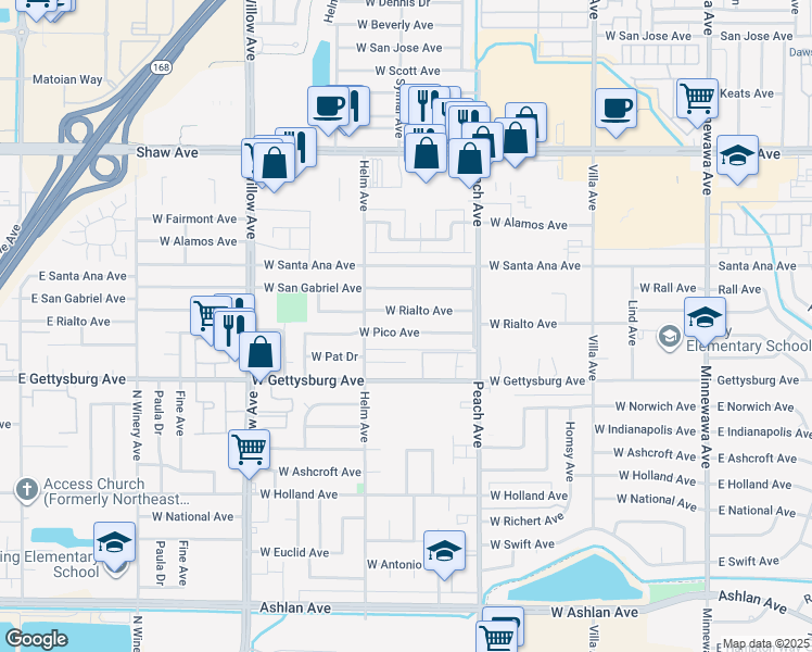 map of restaurants, bars, coffee shops, grocery stores, and more near 524 West Pico Avenue in Clovis