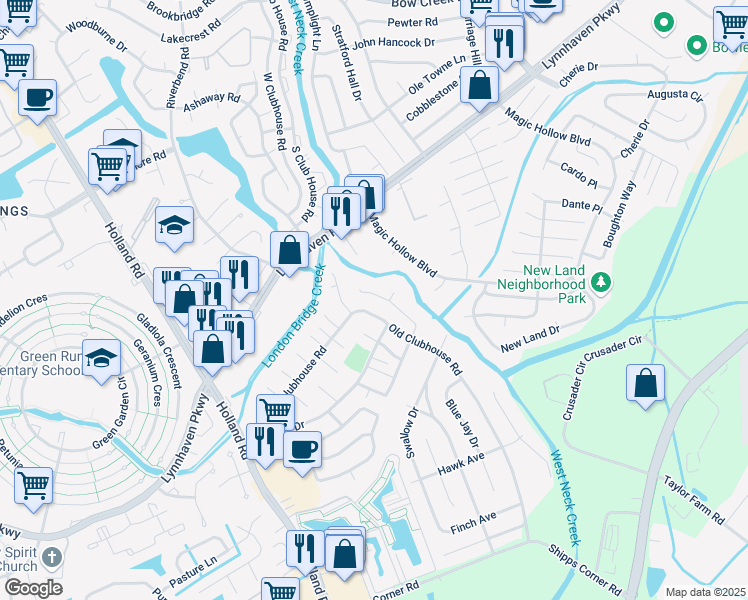 map of restaurants, bars, coffee shops, grocery stores, and more near 1163 Old Clubhouse Road in Virginia Beach