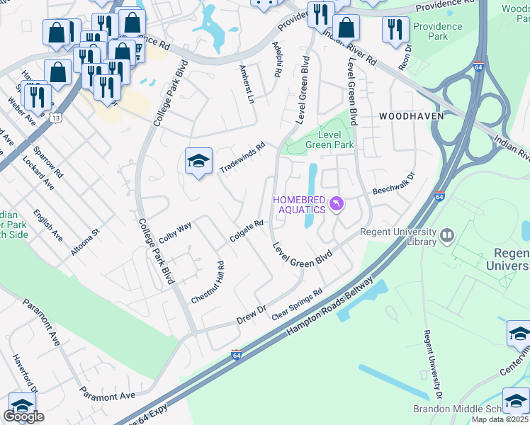 map of restaurants, bars, coffee shops, grocery stores, and more near 1224 Clydesdale Lane in Virginia Beach