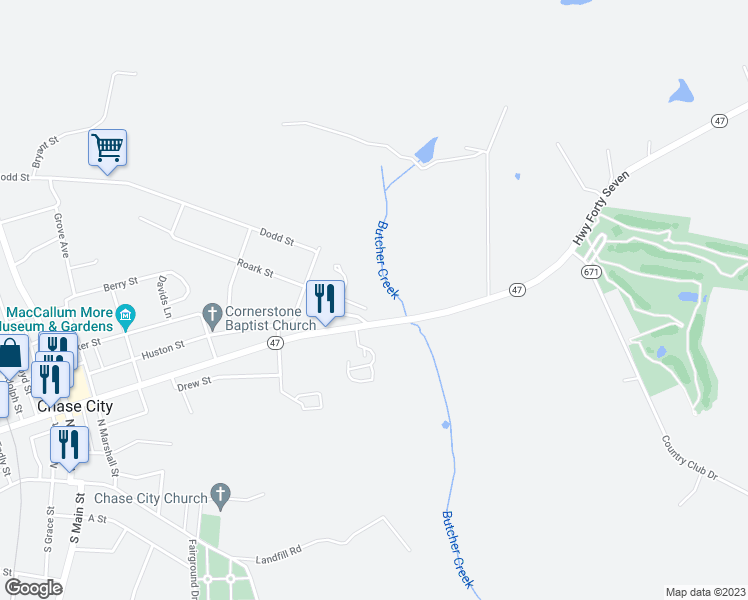 map of restaurants, bars, coffee shops, grocery stores, and more near 1099 Roark Street in Chase City