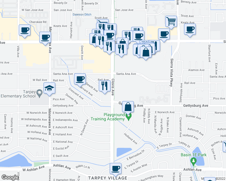 map of restaurants, bars, coffee shops, grocery stores, and more near Clovis Avenue in Clovis