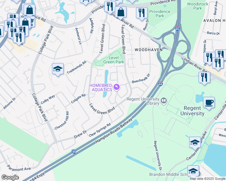 map of restaurants, bars, coffee shops, grocery stores, and more near 5955 Beechwalk Drive in Virginia Beach