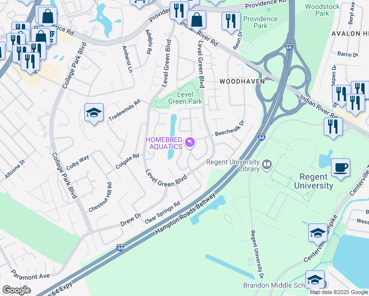 map of restaurants, bars, coffee shops, grocery stores, and more near 5955 Beechwalk Drive in Virginia Beach