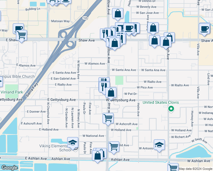 map of restaurants, bars, coffee shops, grocery stores, and more near 65 Exculpating Road in Clovis