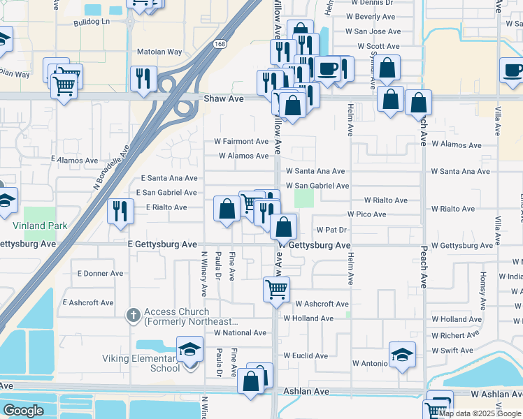 map of restaurants, bars, coffee shops, grocery stores, and more near 865 West Gettysburg Avenue in Clovis