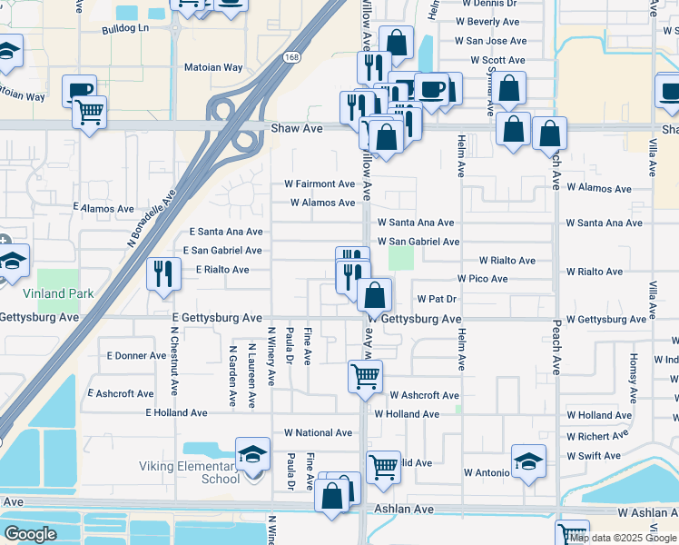 map of restaurants, bars, coffee shops, grocery stores, and more near 865 West Gettysburg Avenue in Clovis