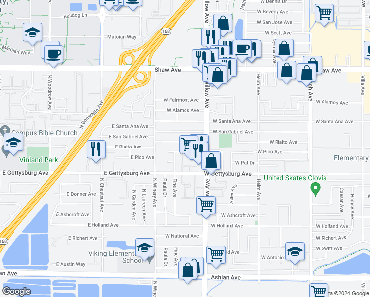 map of restaurants, bars, coffee shops, grocery stores, and more near 865 West Gettysburg Avenue in Clovis