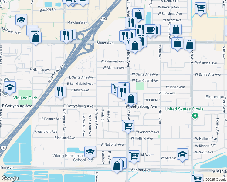 map of restaurants, bars, coffee shops, grocery stores, and more near 936 West Pico Avenue in Clovis