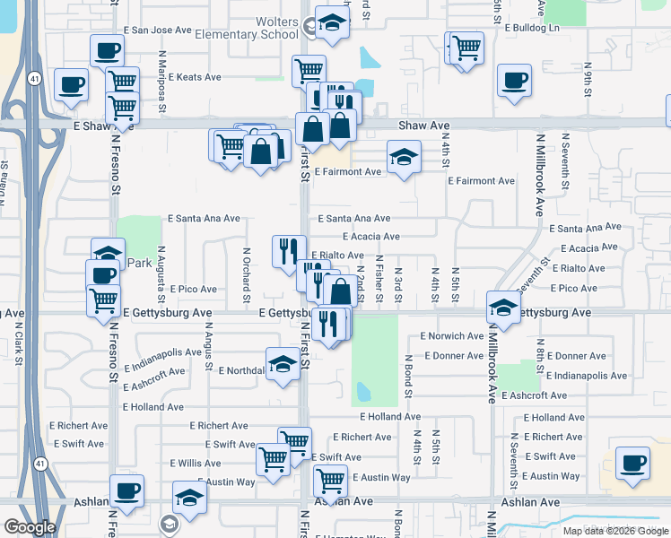 map of restaurants, bars, coffee shops, grocery stores, and more near 4655 North 2nd Street in Fresno