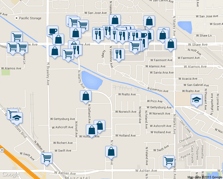 map of restaurants, bars, coffee shops, grocery stores, and more near 4481 North Charles Avenue in Fresno