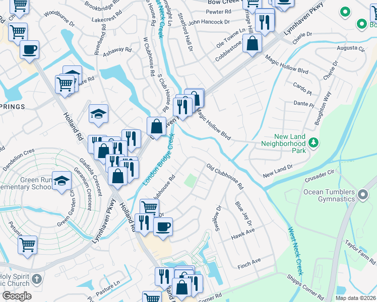 map of restaurants, bars, coffee shops, grocery stores, and more near 3201 Creekside Drive in Virginia Beach