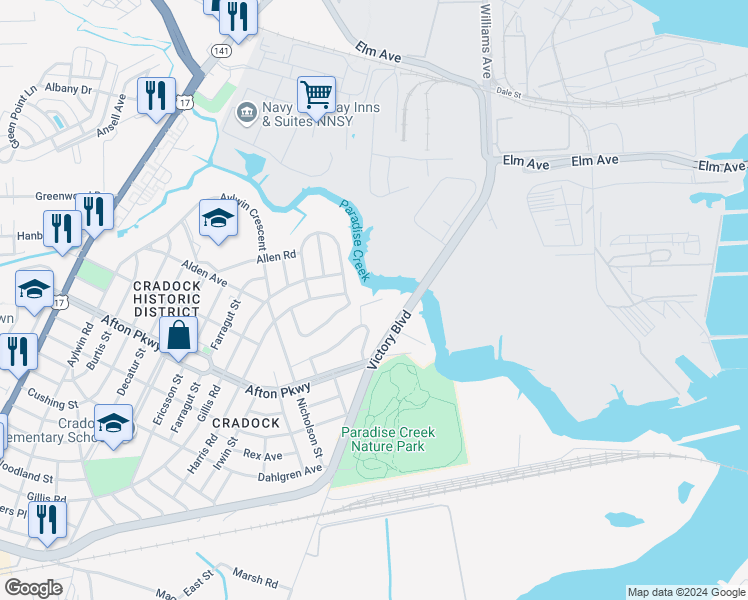 map of restaurants, bars, coffee shops, grocery stores, and more near 19 Kennedy Drive in Portsmouth